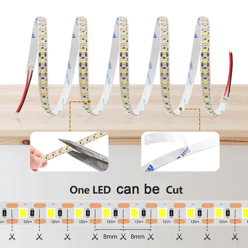 5mm 8mm PCB Led Strip Light 1 LED Cut 12V 24V 5m 2835 SMD 120LEDs/m High Brightness Flexible Tape LED Lighting Ribbon for Home
