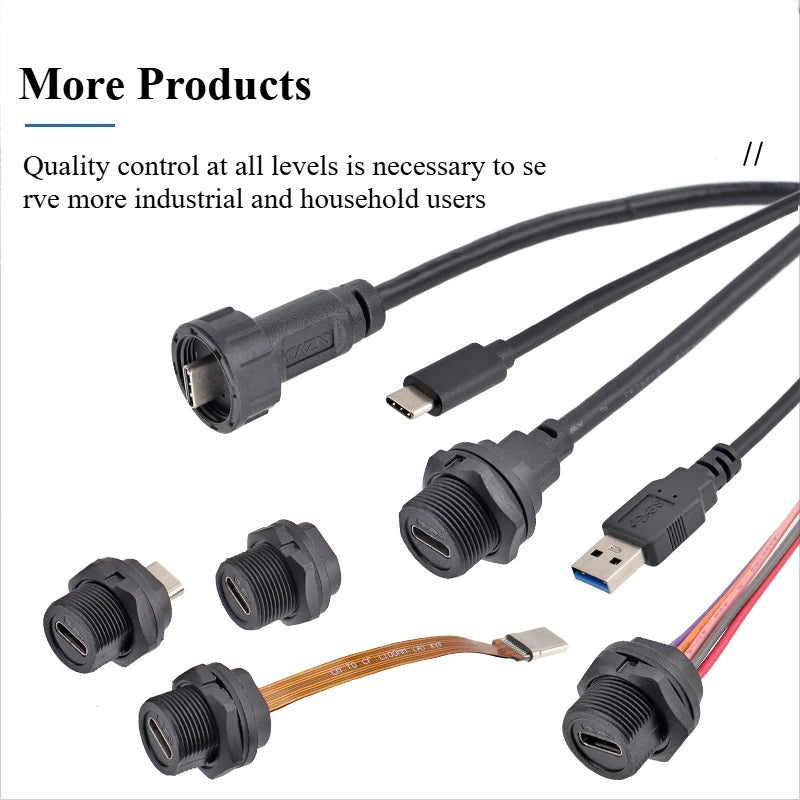 Threaded Type-C Waterproof Connector Cable IP67 Type-C Male Data Plug Wire F Outdoor Use USB 3.1 Solder Board Dual Female Socket