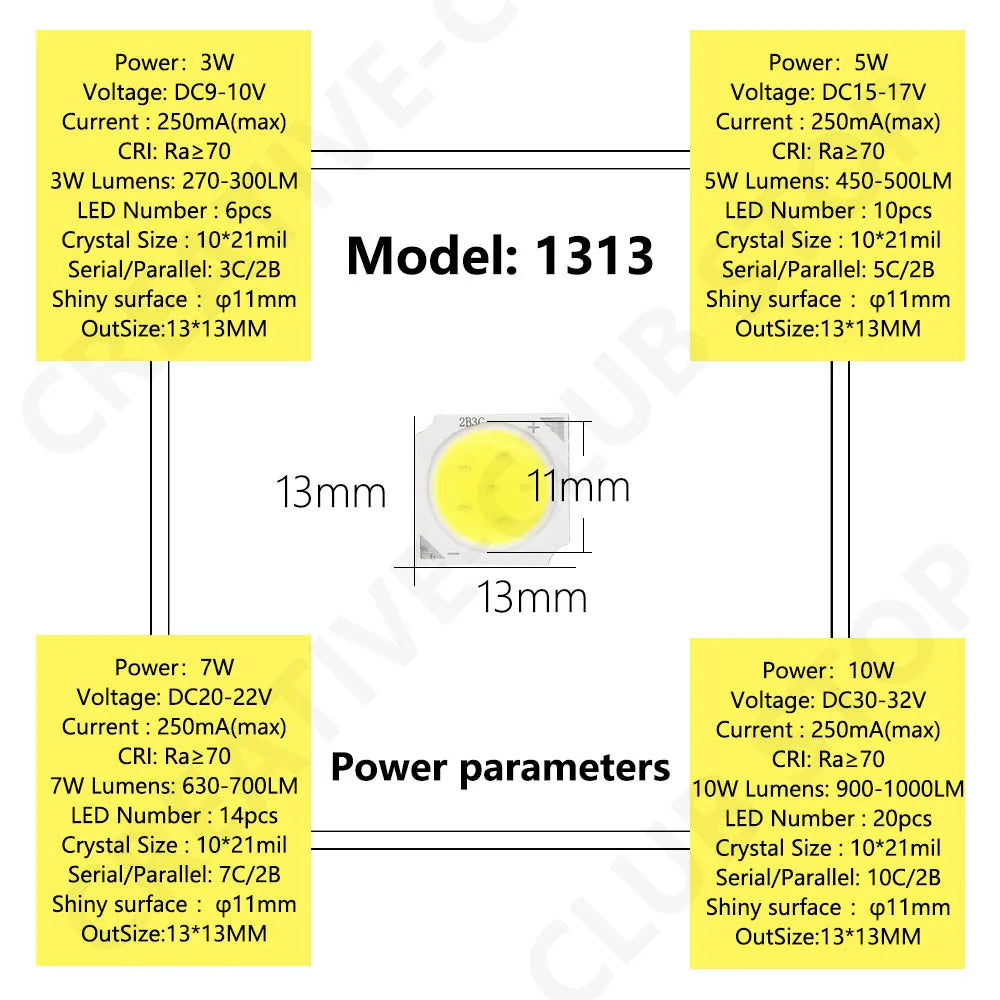 10pcs A Lot 3W/5W/7W/10W 6500K/4000K/3000K LED COB Light Beads 1313 LED Lamp Bead LED Bulb Chip Spot Light Downlight Diode Lamp