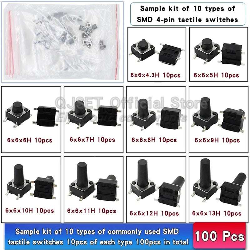 20pcs SMD Tactile Switch 6*6*4.3mm 6x6x5/6/7/8/9/10/11/12/13/14mm 6X6 4-Pin SMT Induction Oven Touch Tactile Button Micro Switch