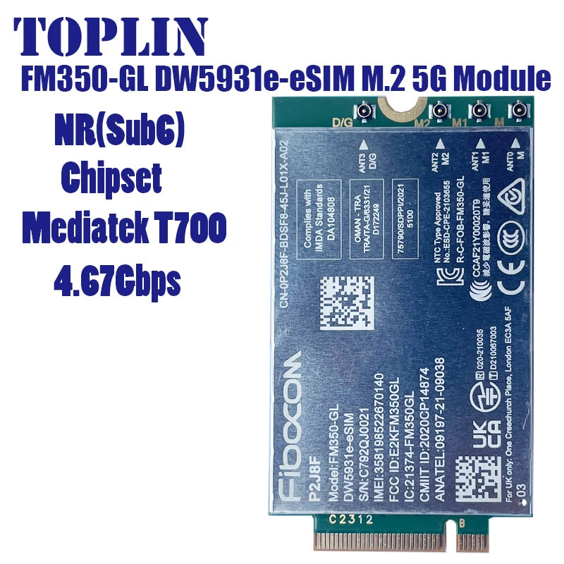 FM350-GL DW5931e-eSIM 5G M.2 Module P2J8F For Dell Latitude 5531 9330 3571 Laptop 4x4 MIMO GNSS Module