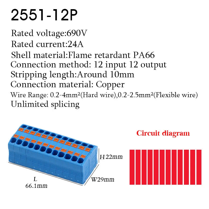 Electrical Cable Wire Connectors Push-in Terminal Block Universal Compact Wiring Multiple In Out Spliceable Mount On Din Rail