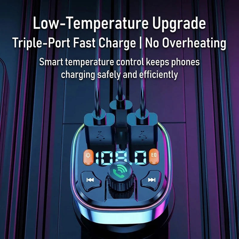 Wireless Car Bluetooth 5.0 FM Transmitter Radio Adapter RGB Light PD Fast Charger 3 Ports Hands-Free Call Bass Boost MP3