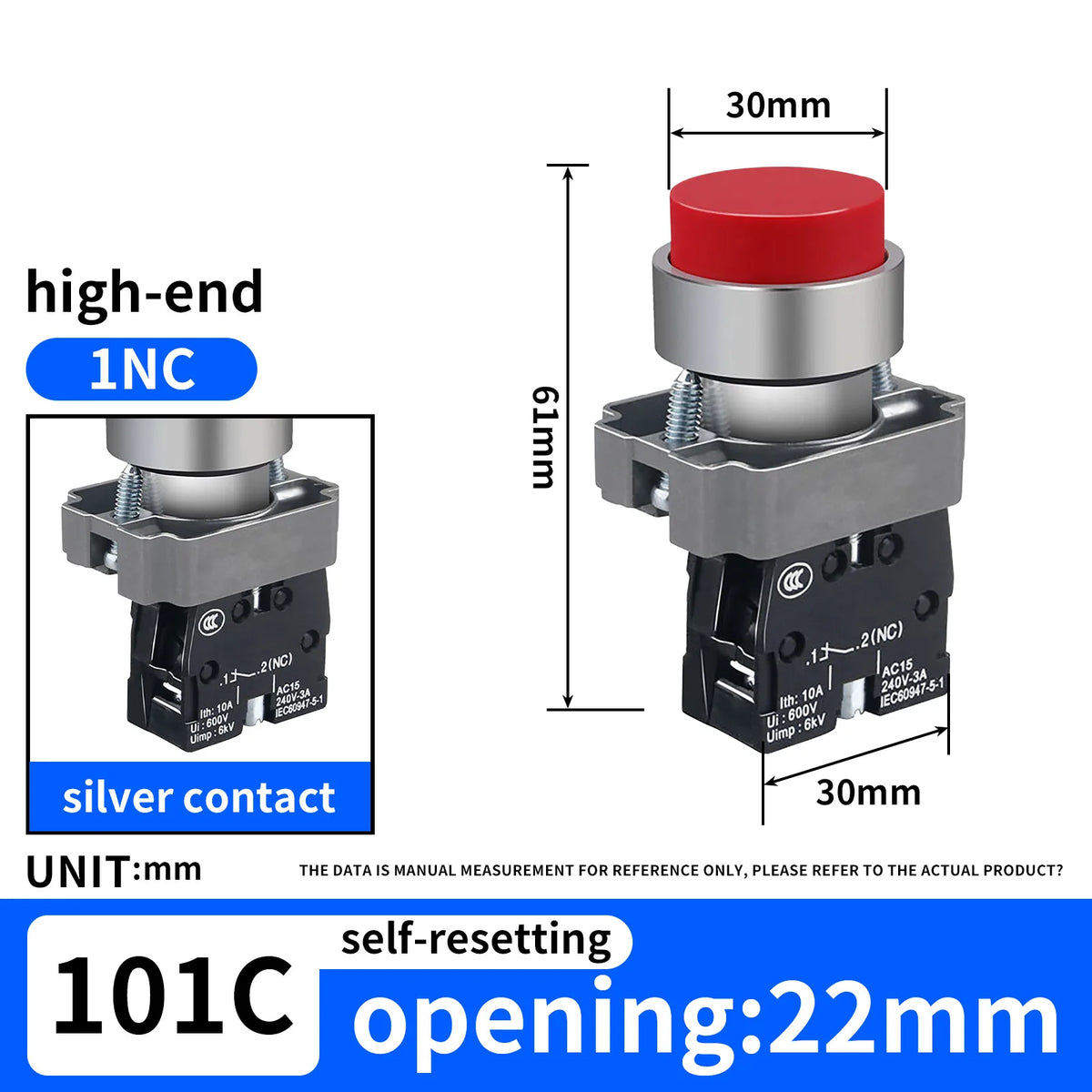 10Pcs 22MM High head Momentary Push Button Switch 1NO1NC SPDT 10Amp 600V Metal Head Waterproof IP65,Control power button switch