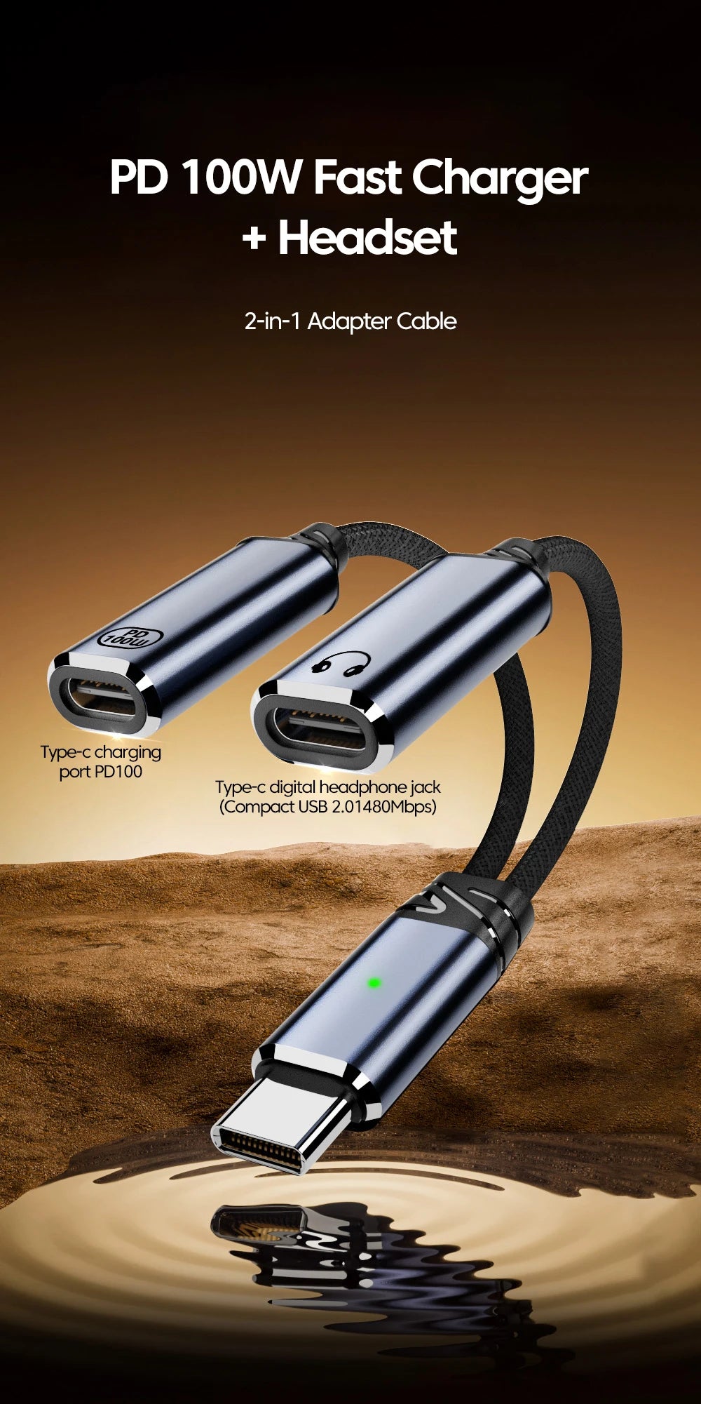 100W PD Fast Charger Cable 2 in 1 USB C Splitter Type USB C Headphones Jack Audio Adapter For Samsung iPhone 16 15 Huawei Xiaomi