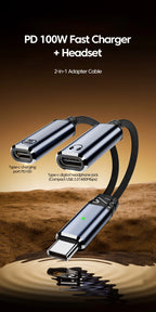 100W PD Fast Charger Cable 2 in 1 USB C Splitter Type USB C Headphones Jack Audio Adapter For Samsung iPhone 16 15 Huawei Xiaomi