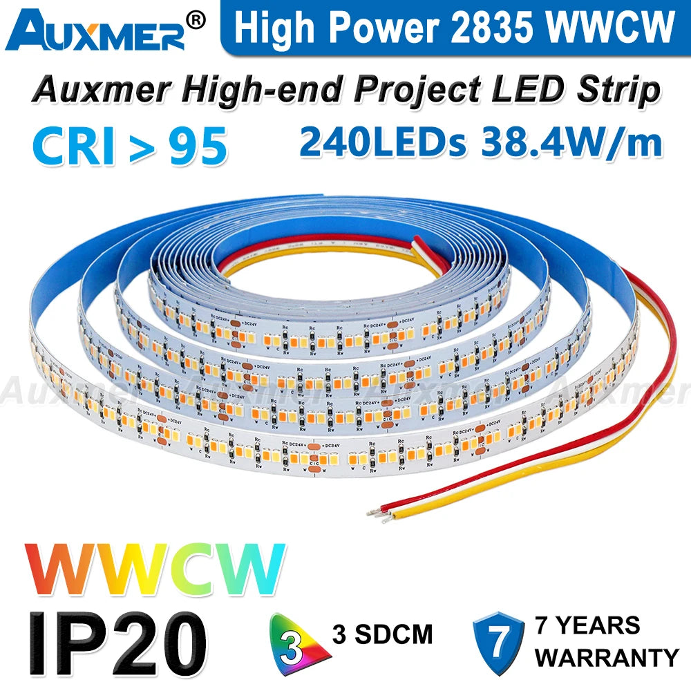 Auxmer 2835 WWCW LED Strip Lights,120LEDs/m 240LEDs/m,CRI＞95 Super Bright Flex LED DC12/24V,5m/reel,CCT 2400~6500K,IP20,3SDCM