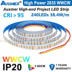 Auxmer 2835 WWCW LED Strip Lights,120LEDs/m 240LEDs/m,CRI＞95 Super Bright Flex LED DC12/24V,5m/reel,CCT 2400~6500K,IP20,3SDCM