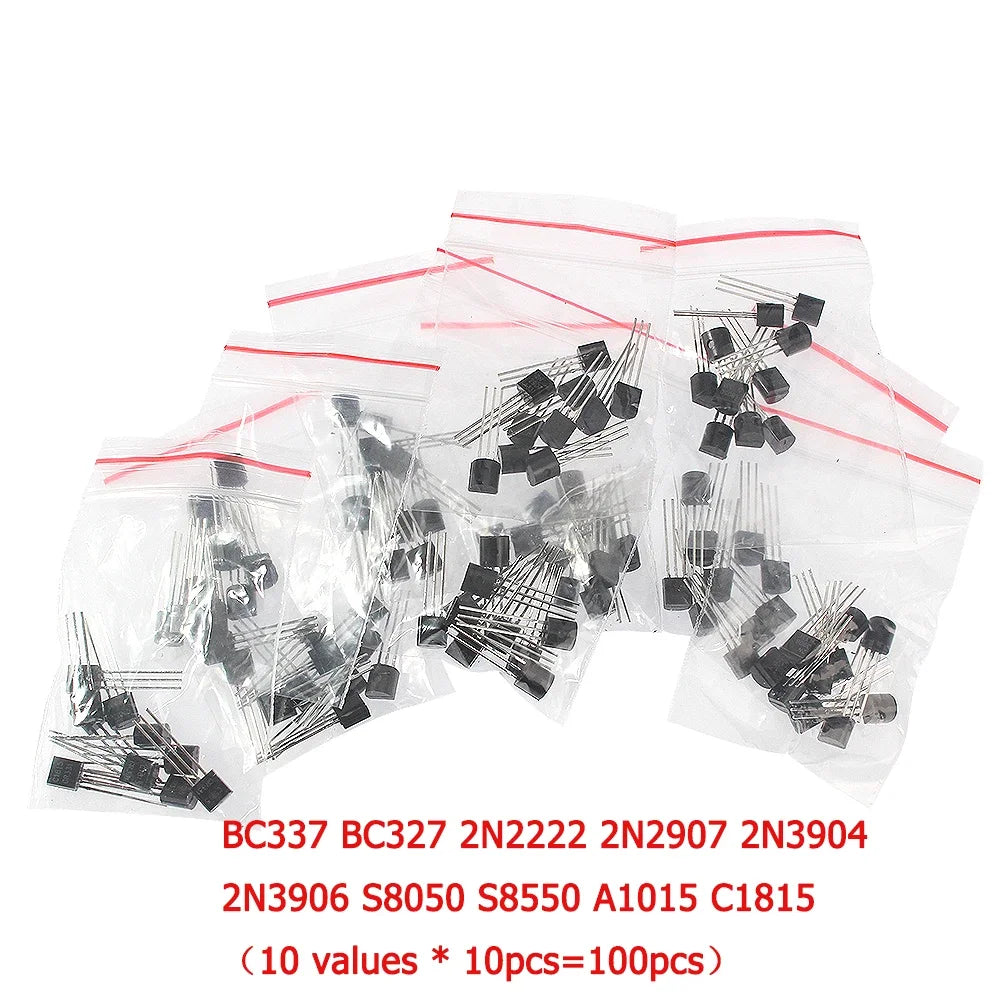 100PCS 2N2222 Transistor TO-92 2N2907 2N3904 2N3906 A1015 BC327 BC337 C1815 S8050 S8550 PNP NPN Transistors Kit