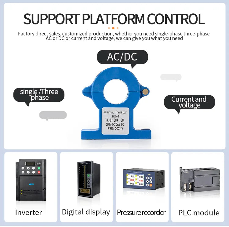 AC/DC Current Transmitter 4-20MA 0-10V RS485 Current Sensor Hall Current Transducer 0-100A 0-200A Current Transducer Transmitter