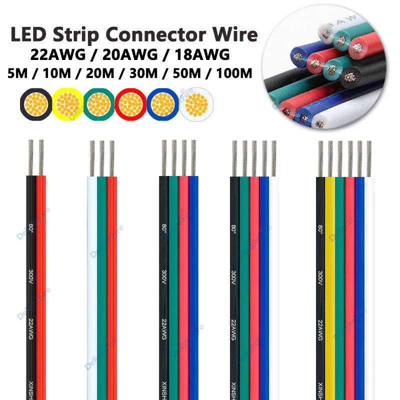 5-100m LED Cable 18 20 22AWG Hookup Wire 6 5 3 2 4pin RGB Extension Cable For LED Strip WS2812B Pixels Light SM JST Connectors