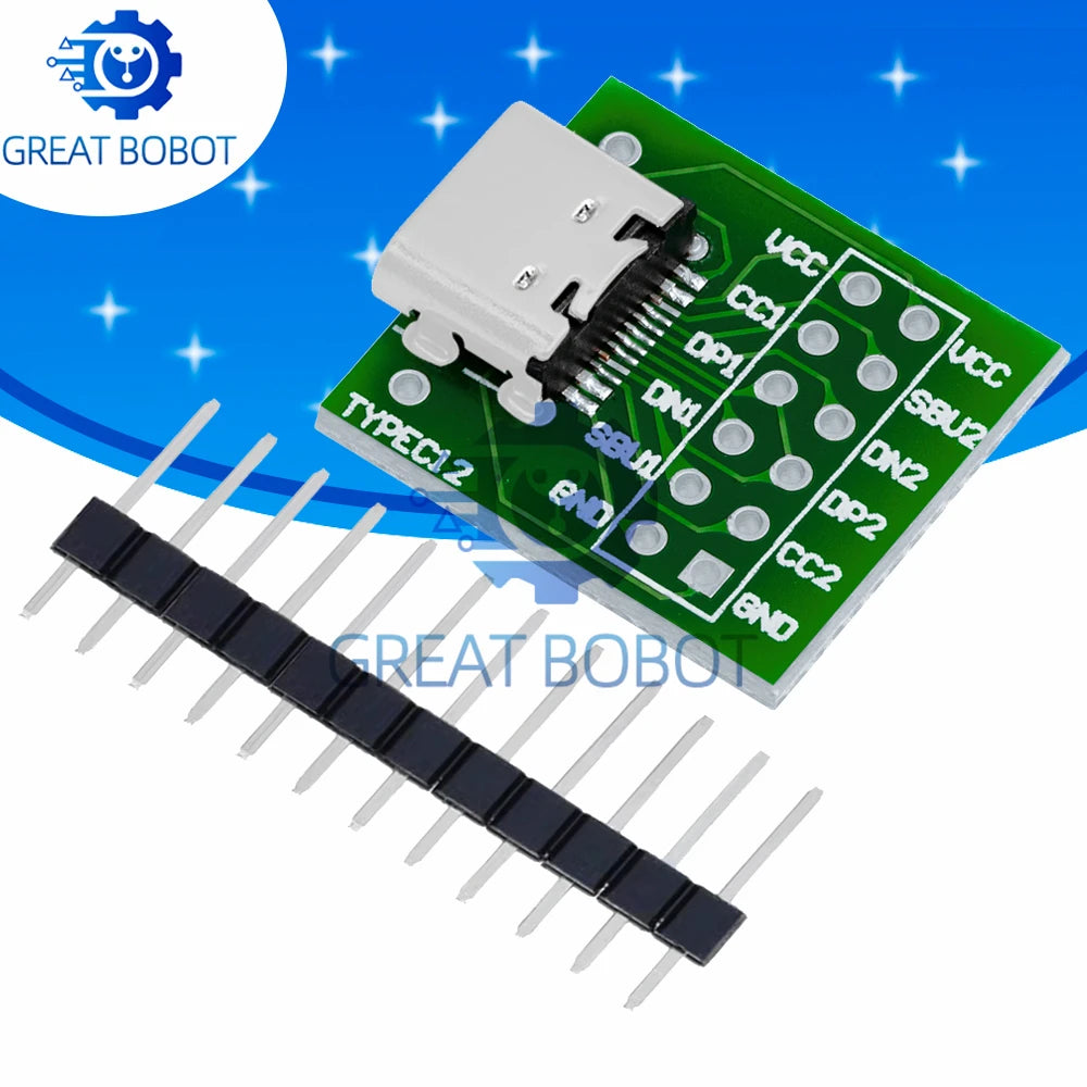 1~10PCS 5‌v 3a USB-C to DIP Breakout Board - Type-C Female Solderable Adapter with 24-pin Header for PCB Prototyping