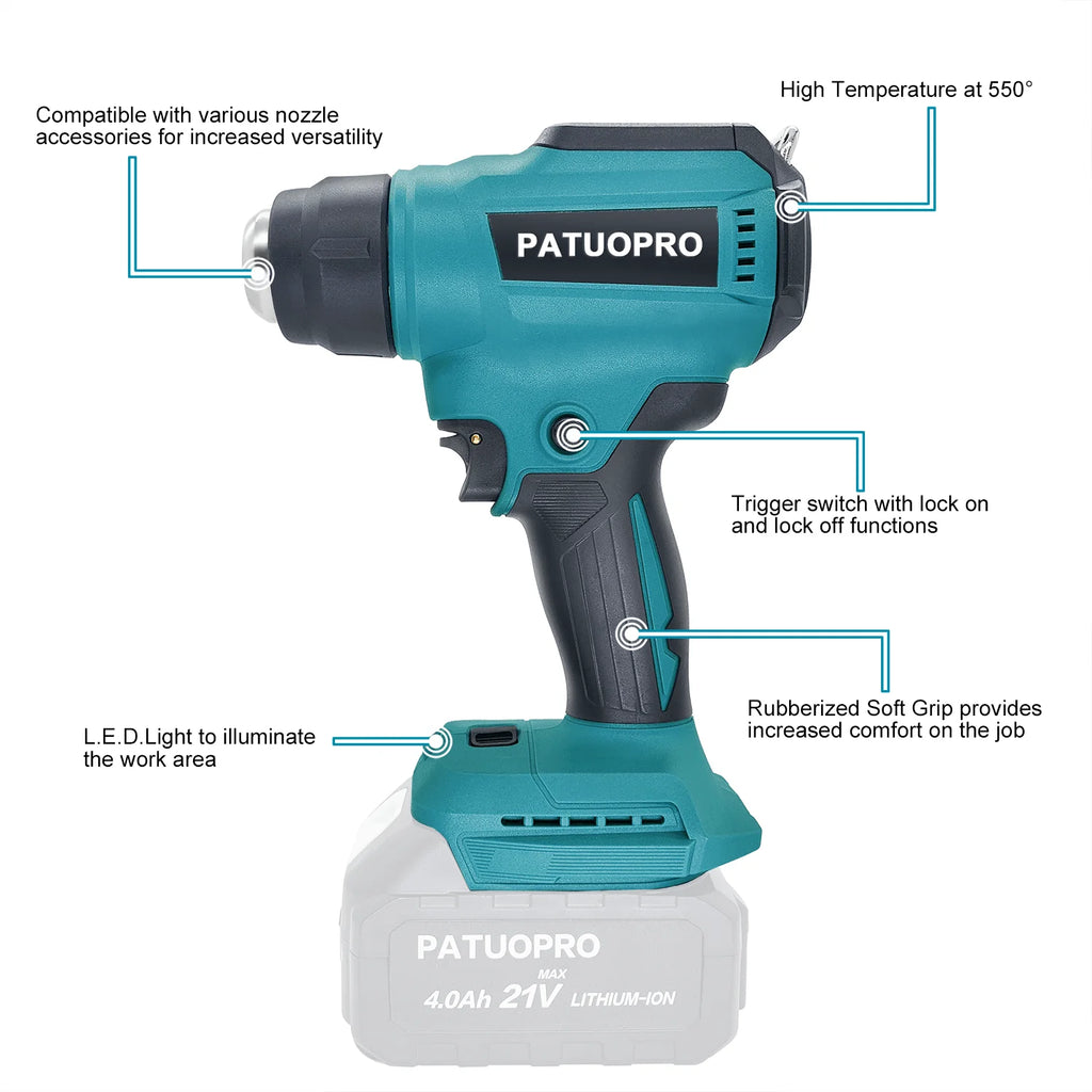 50℃ - 550℃ Portable Cordless Heat Gun Rechargeable Handheld Hot Air Gun Digital Temperature Adjustable for Makita 18V Battery