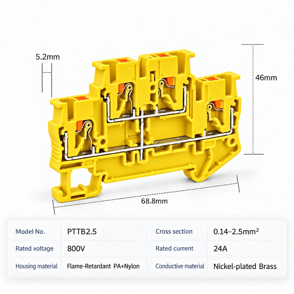 DIN Rail Terminal Blocks PTTB-2.5 Push-In Double Level 0.14-2.5mm2 Screwless Electrical Wire Connectors for Control Panel Wiring