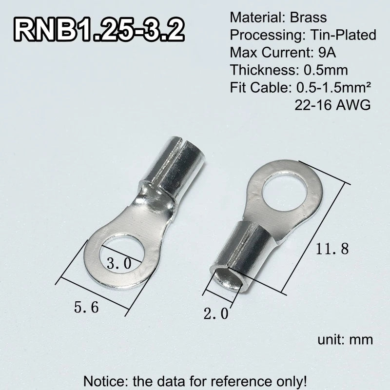 100pcs RNB Brass Ring Bare Terminal Block Connector Cable Lugs Wire Crimping Tips Electrical Connection Strips 12V 2.5mm 4mm 6mm