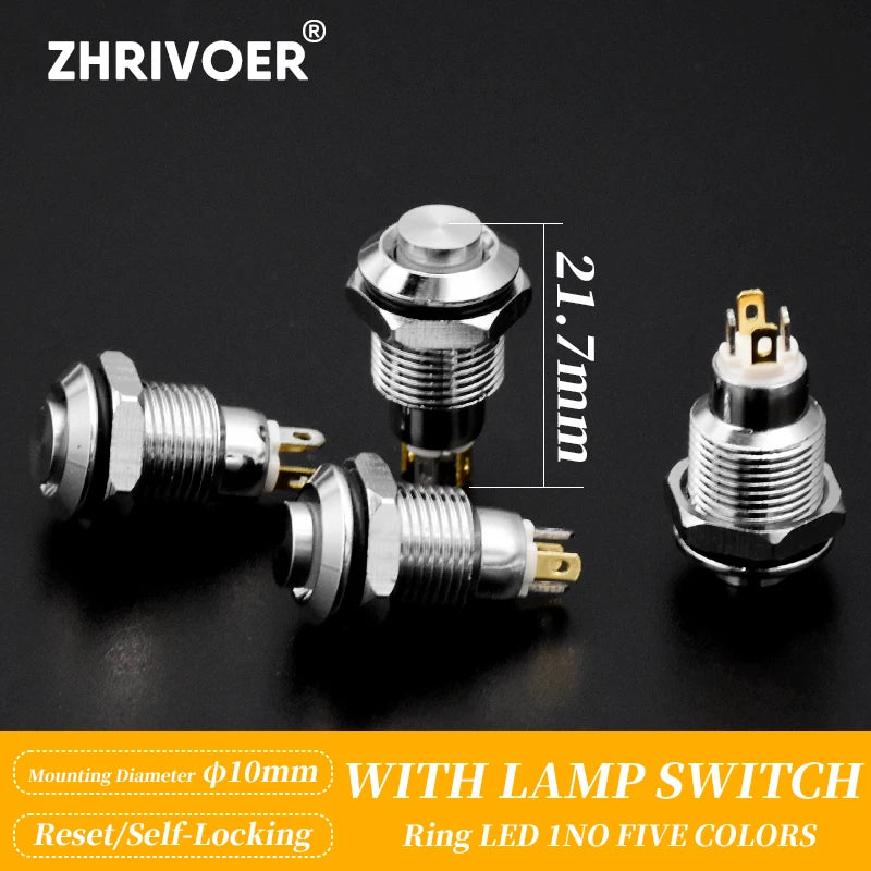 1pc 10mm Metal Push Button Switch with LED Indicator Self-reset Momentary Self-locking Latching 4pins High Head 3v5v12v24v220v
