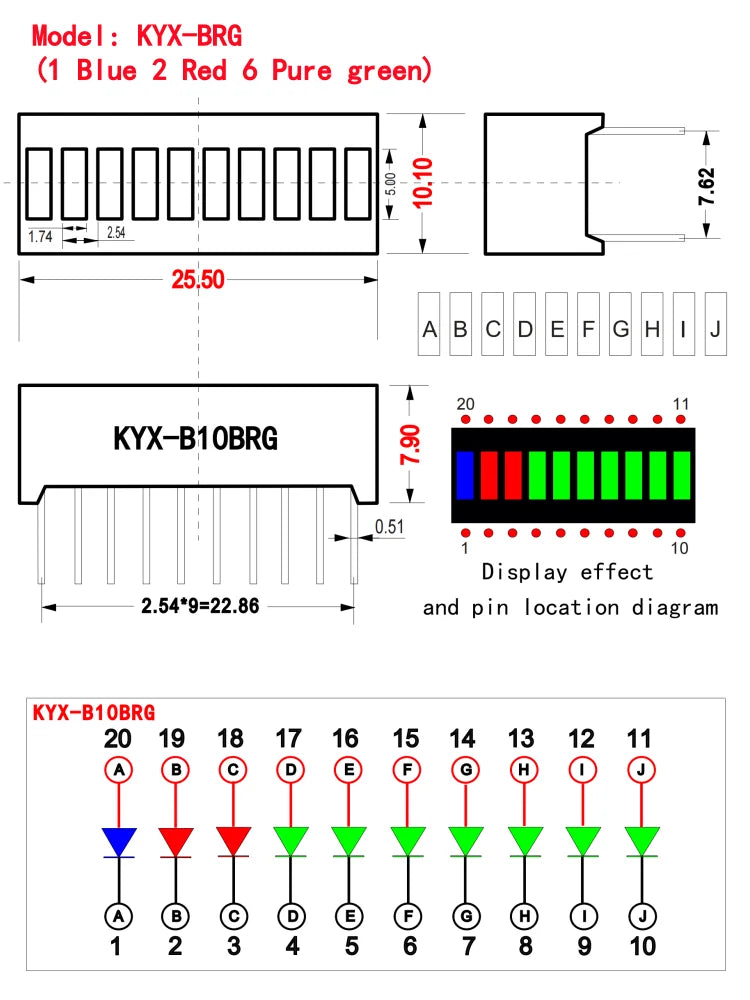 10pcs Multi-Color LED Display Bargraph Light 10 Segments Red Blue Yellow White Green Single Color Battery Level Bar Graph DIY