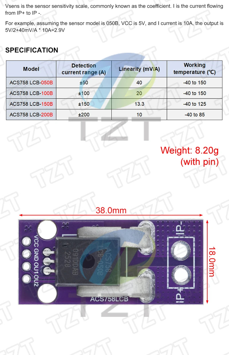 50/100/150/200A Hall Current Sensor Module Linear Analog AC DC 3.3V-5V ACS758LCB-050B 100B 150B 200B -PFF-T RC Model Connector
