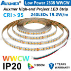 Auxmer 2835 WWCW LED Strip Lights,120LEDs/m 240LEDs/m,CRI＞95 Super Bright Flex LED DC12/24V,5m/reel,CCT 2400~6500K,IP20,3SDCM