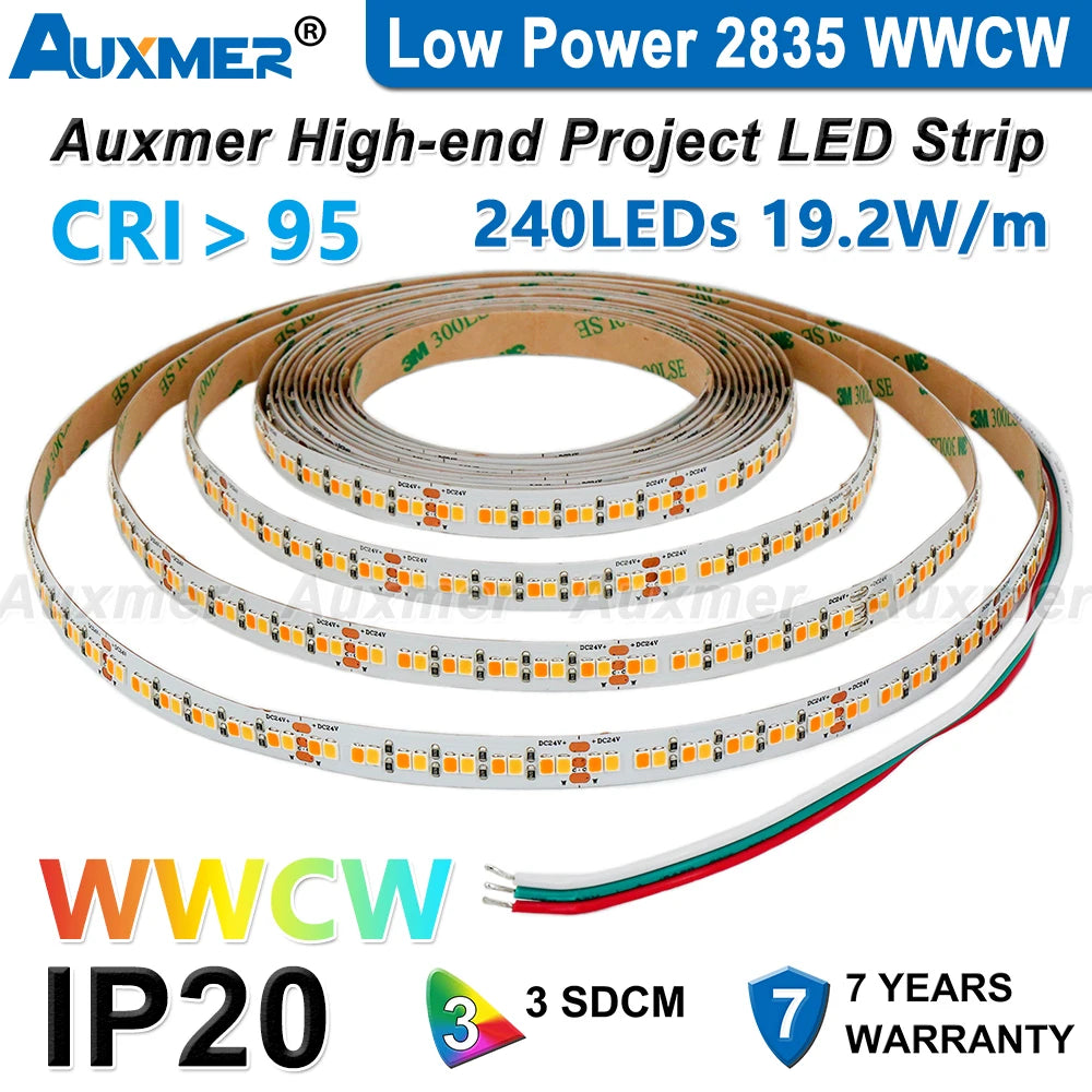 Auxmer 2835 WWCW LED Strip Lights,120LEDs/m 240LEDs/m,CRI＞95 Super Bright Flex LED DC12/24V,5m/reel,CCT 2400~6500K,IP20,3SDCM