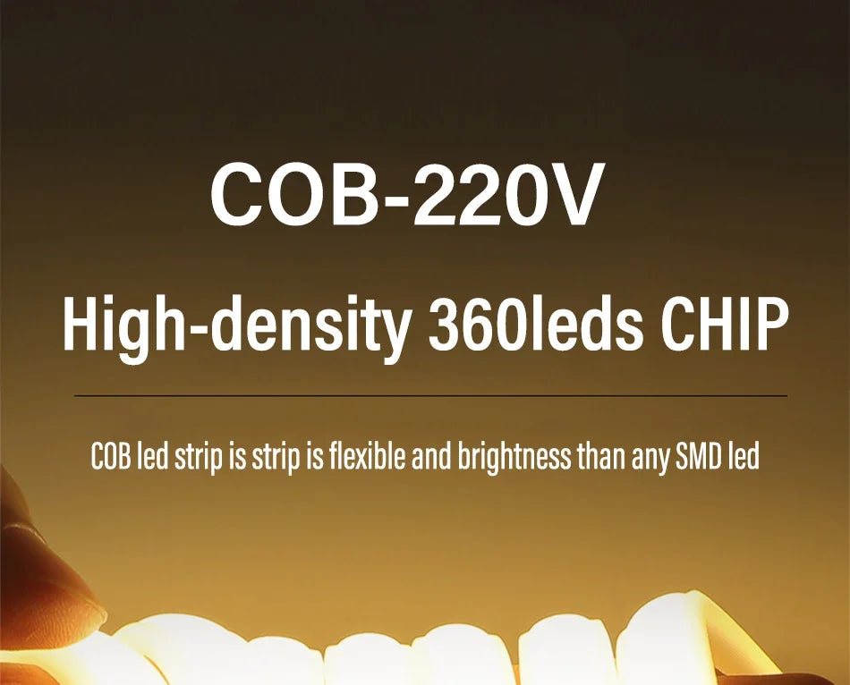 1M-50M 220V COB LED Strip Dimmable 360LEDs/m EU Plug Kitchen Home Room Decoration Flexible Ribbon for Outdoor Garden Lighting