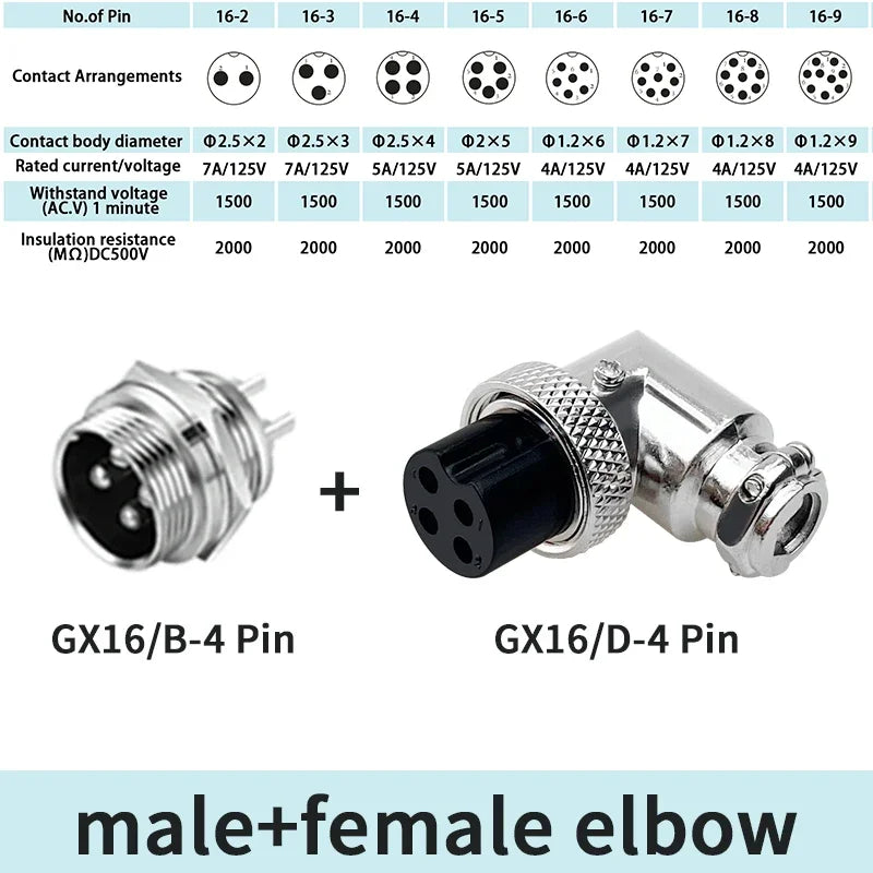 5/10 Sets GX16 2/3/4/5/6/7/8/9 Pin Aviation Connector Male Female 90 Degree Right Angle M16 Circular Cable Plug Socket