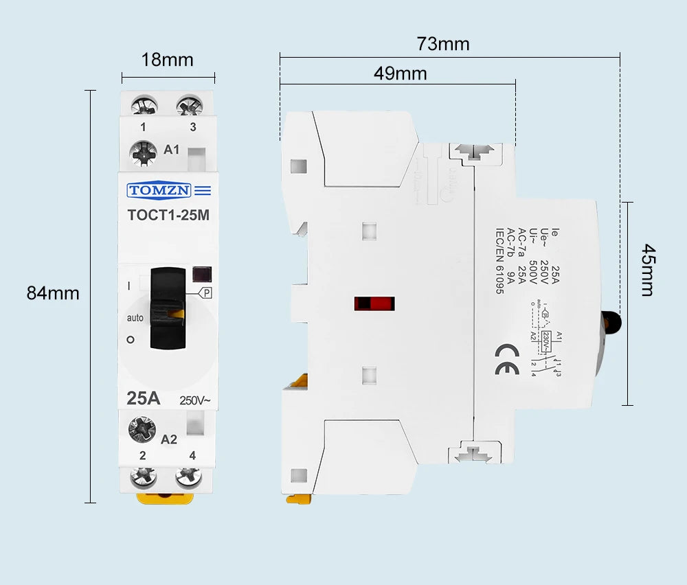 TOMZN TOCT1 2P 25A 220V/230V 50/60Hz Din Rail Household AC Modular Contactor With Manual Control Switch 2NO or 1NO 1NC or 2NC
