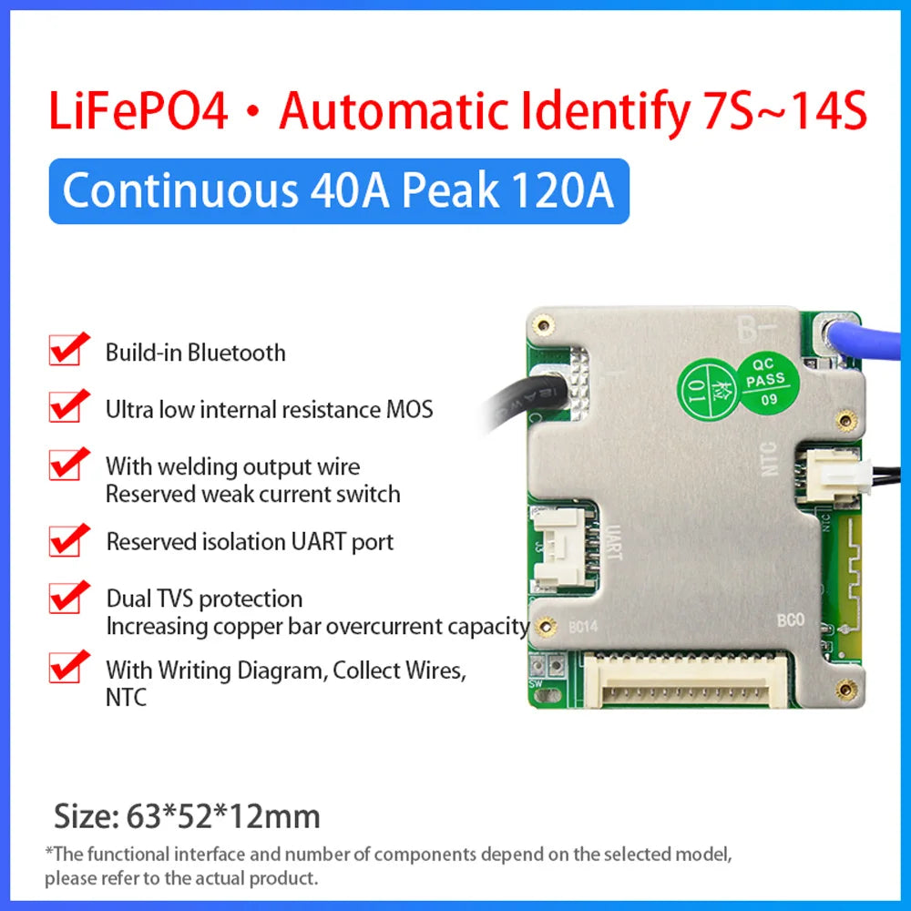 Small Type 3.2V LiFePO4 3.7V Li-ion 20A 30A 40A 50A Electric Bike Smart BMS 7S-14S 24V 36V 48V with UART BT