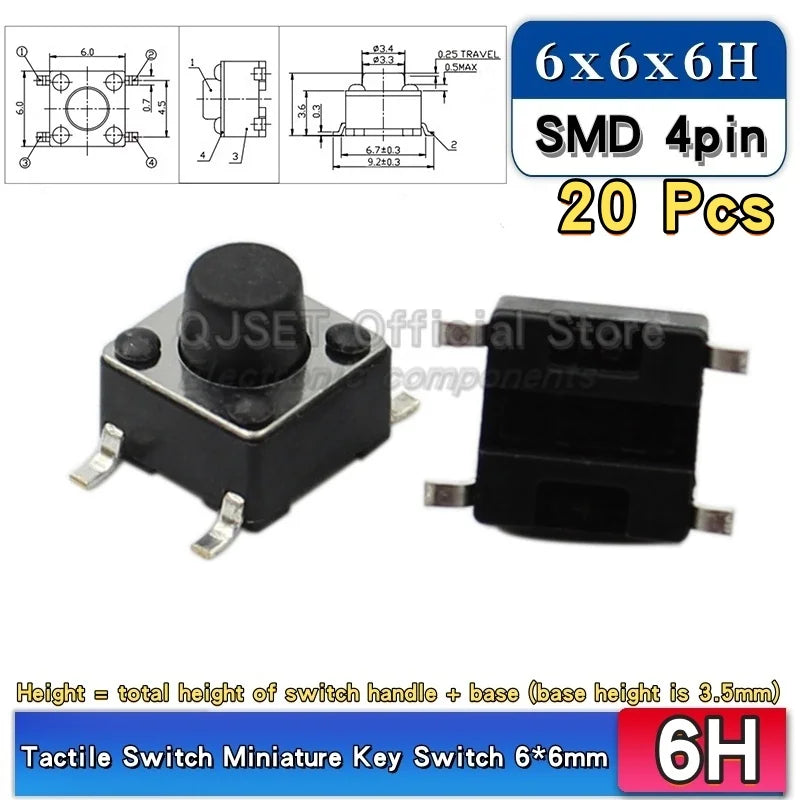 20pcs SMD Tactile Switch 6*6*4.3mm 6x6x5/6/7/8/9/10/11/12/13/14mm 6X6 4-Pin SMT Induction Oven Touch Tactile Button Micro Switch