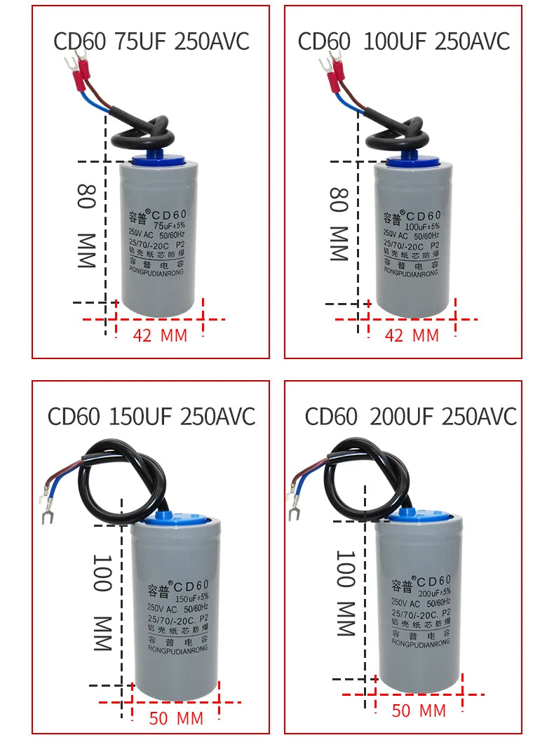 CD60 Motor Water Pump Starting Capacitor 250V 450V AC 50UF 75UF 100UF 150UF 200UF 250UF 300UF 350UF 400UF 500UF 600UF 800UF