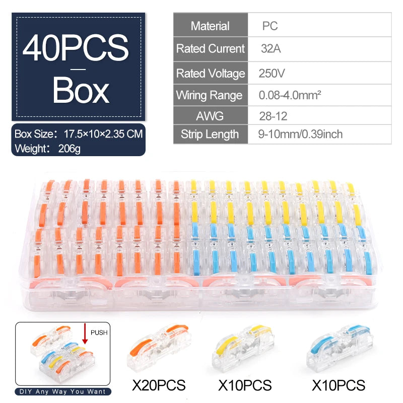 40PCS Lever Wire Connectors 1 in 1 out Quick Connect Electrical Splicing Kit for Compact Inline Terminals - 28-12 AWG