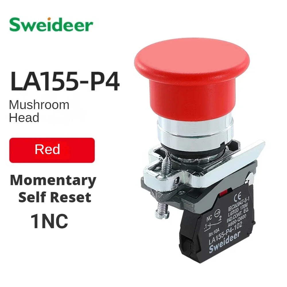 22mm Mushroom Emergency Stop Button Switch 10A XB4 Key Emergency Stop Power Push Button Switch 1NC 1NO Start Switch Red Green