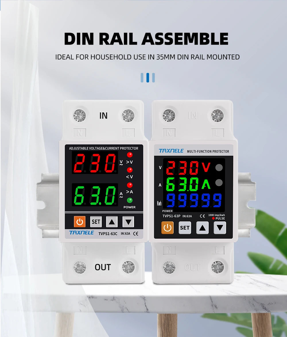 63A 230V Din Rail Adjustable Over Under Voltage Protective Device Protector Relay Over Current Protection Energy KWH Meter
