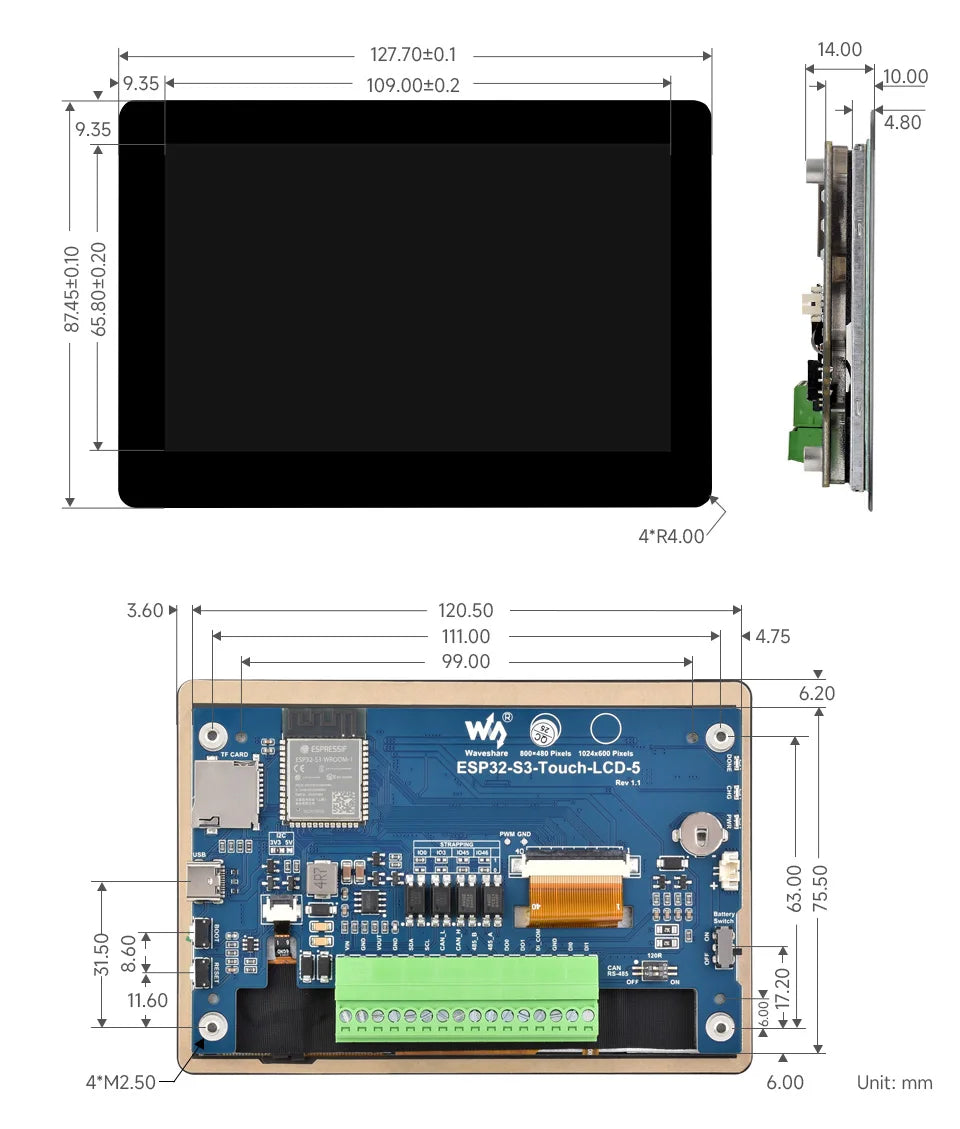 Waveshare ESP32-S3 5inch Capacitive Touch Display Development Board, 5-Point, 32-Bit LX7 Dual-Core Processor, ESP32 With Display