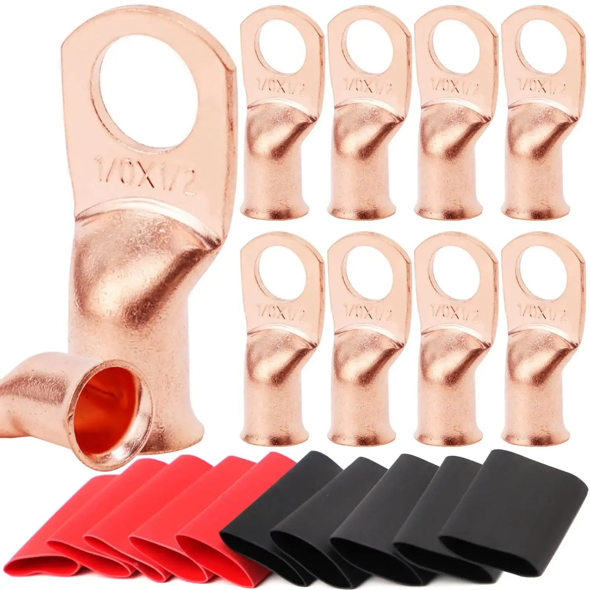 10pcs Copper Terminal Connectors, AWG 2 4 6 8 1/0 2/0 Ring Lug With Shrink Tubing 10Battery Cable Lugs, With 10 Shrink Tubing