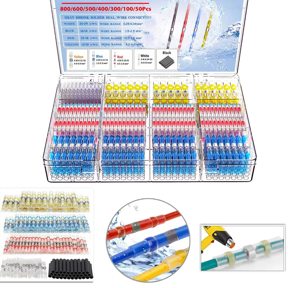 50-1000Pcs Heat Shrink Butt Crimp Terminals Waterproof Solder Seal Electrical Butt Connectors Wire Cable Splice Terminal Kit