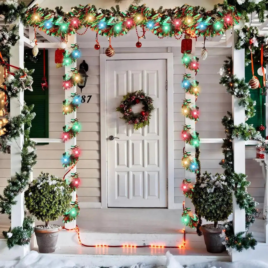 1pc Christmas Tinsel Garland Metallic Shiny Garland With LED Lights Christmas Tree Garland Thick Hanging Suitable For Home Decor