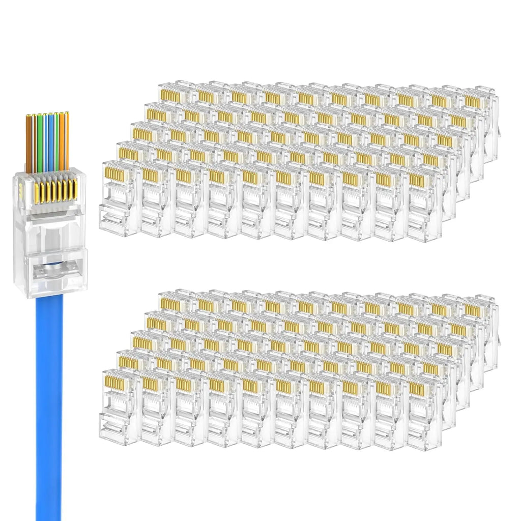 RJ45 Connector CAT6 Pass Through Connectors Crystal End Gold-Plated 8P8C Crimp UTP Standard Ethernet Network Modular Plug
