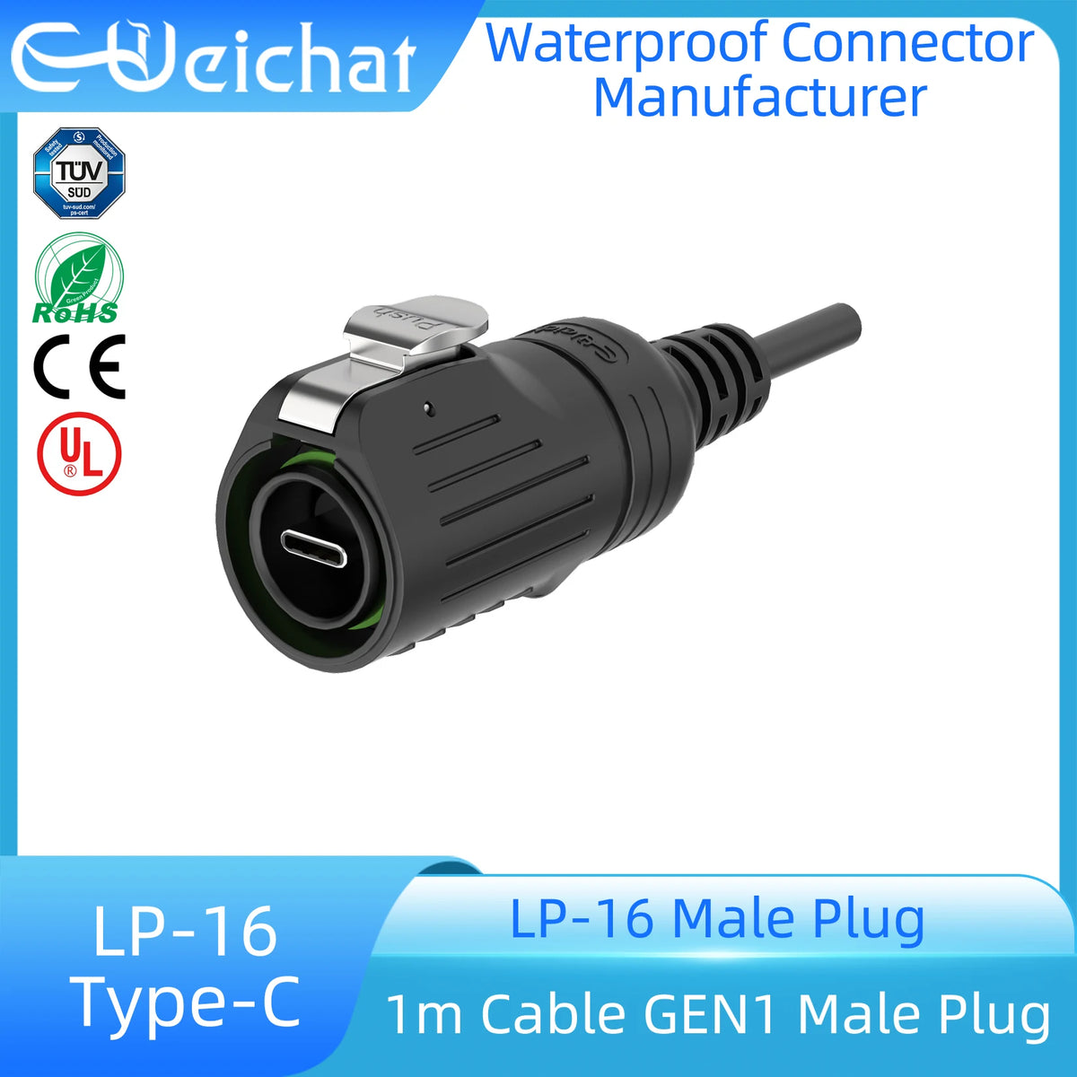 EW-LP16 Type-C USB 3.1 5A Female Socket Rear Nut Locking Jack Panel Mount Connector Waterproof Fast Charging Data Wire Cable