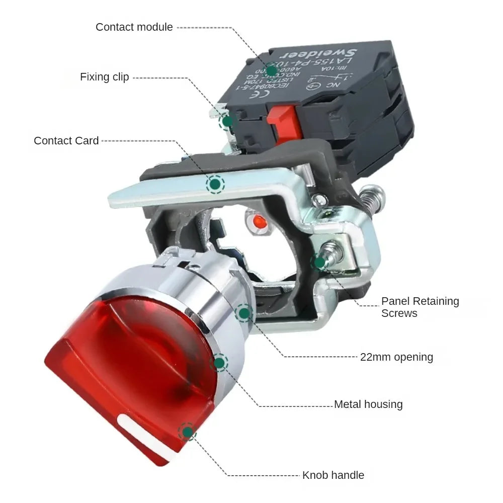 XB4 Knob Switch with Light 22mm 2/3Position Self Locking 1NO/2NO/1NO1NC Select Rotary Switch with LED 12V 24V 220V 10A Red Green