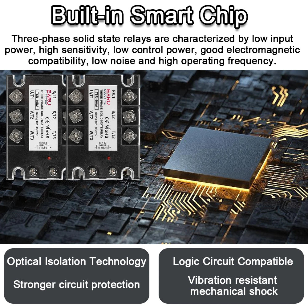 EARU Three Phase Solid State Relay Module DC Control AC SSR AC Control AC 10A 25A 40A 60A 80A 100A 150A 200A Heat Sink 480VAC