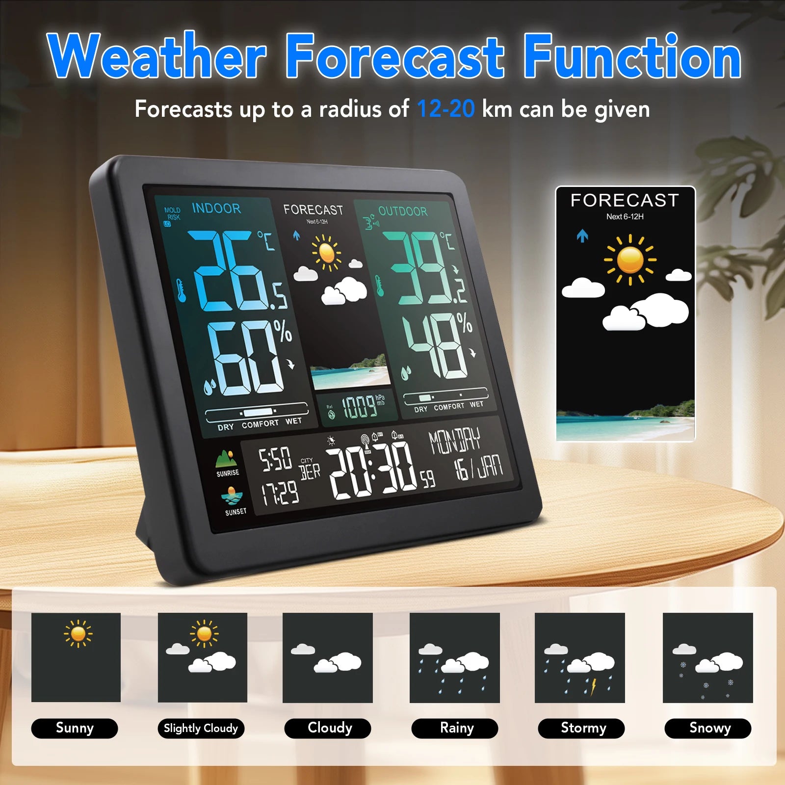 Wireless Weather Station Digital Indoor Outdoor Thermometer Hygrometer with 3 Remote Sensors Sunrise Sunset Forecast Alarm Clock