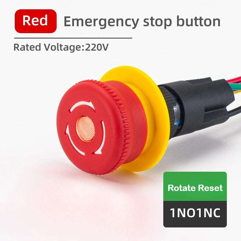 16MM Red Illuminated Rotary Emergency Stop Button Switch Wired with Light 1NO1NC Rotate Reset Welding Pin Knob Plastic Switches