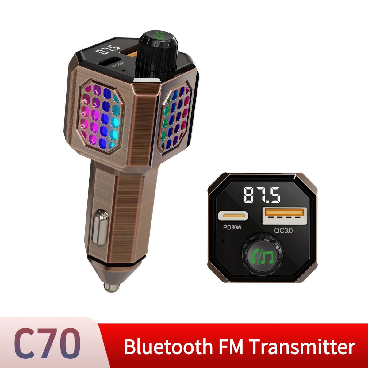 Car Adapter Bluetooth FM Transmitter For Car PD30W&QC3.0 Car Charger Bluetooth Adapter Zinc Alloy Color Light Hands-Free