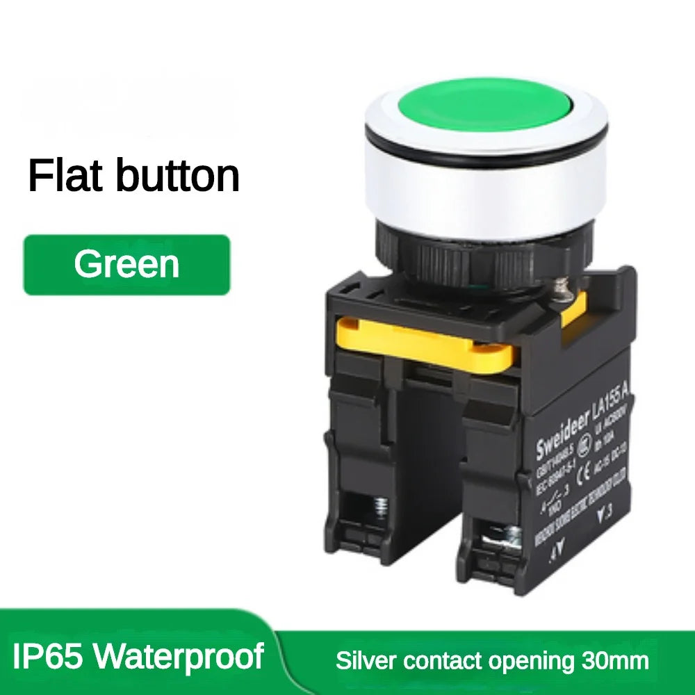 30mm Button Switch Waterproof Momentary Reset Self Locking Power Push Button Switch Flat Head 10A 1NO 1NC 2NO Red Green Yellow