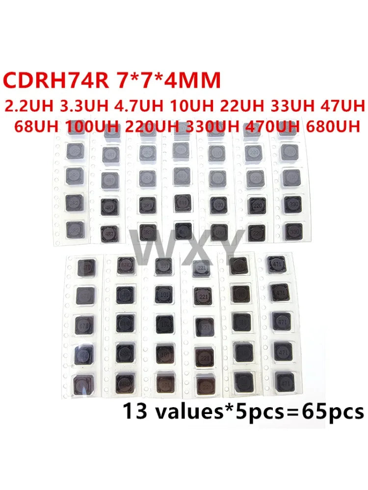 65pcs 13Values Shielded Inductor SMD Power Inductors Assortment Kit 2.2UH-680UH 7*7*4MM CDRH74R