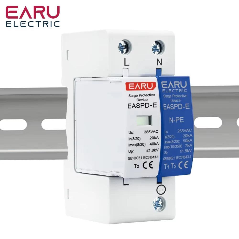 EARU AC SPD 1P/3P+NPE 50KA T1 T2 385V 275V House Lightning Surge Protector Protective Solar Low-Voltage Arrester Device Din Rail