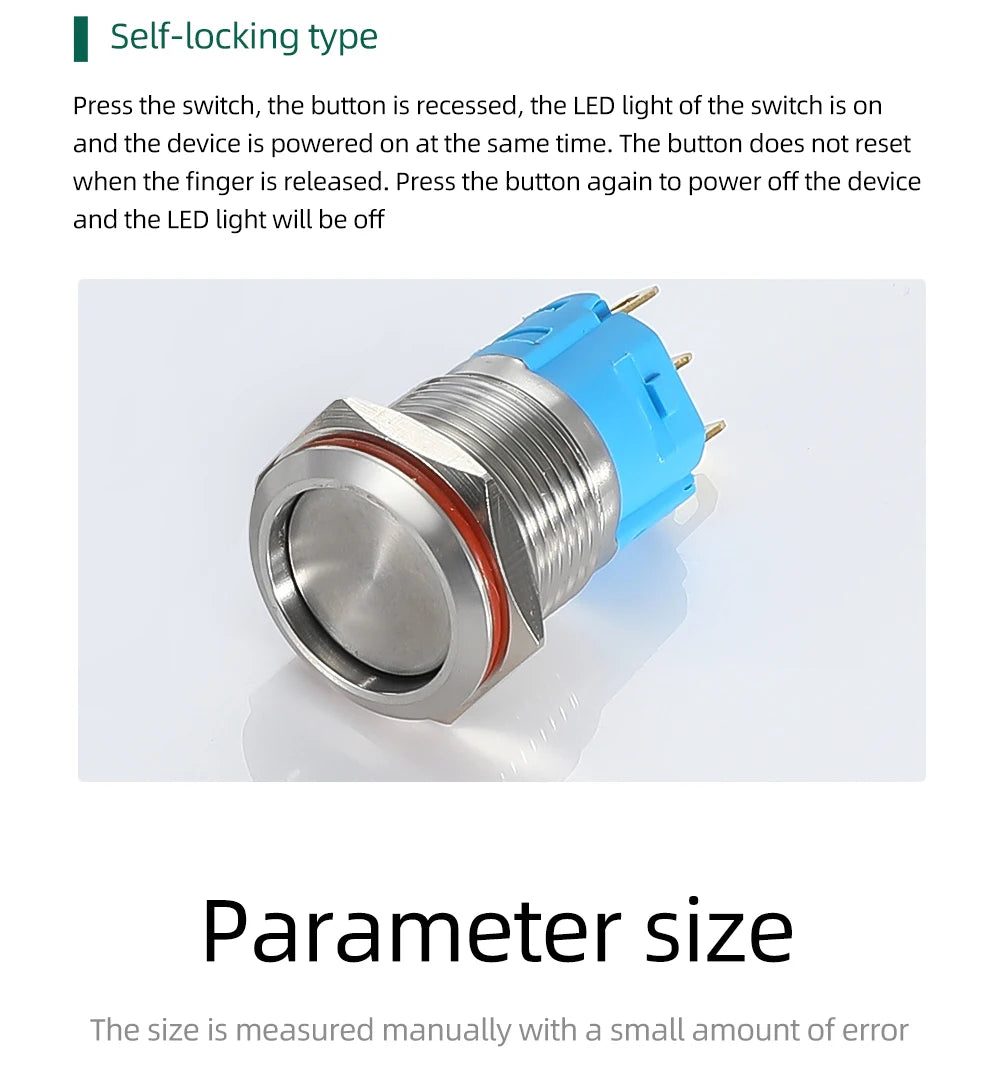 12/16mm Flat LED Illuminated Reset Latching Ring LED Metal Push Button Switch Waterproof On Off with Power Symbol