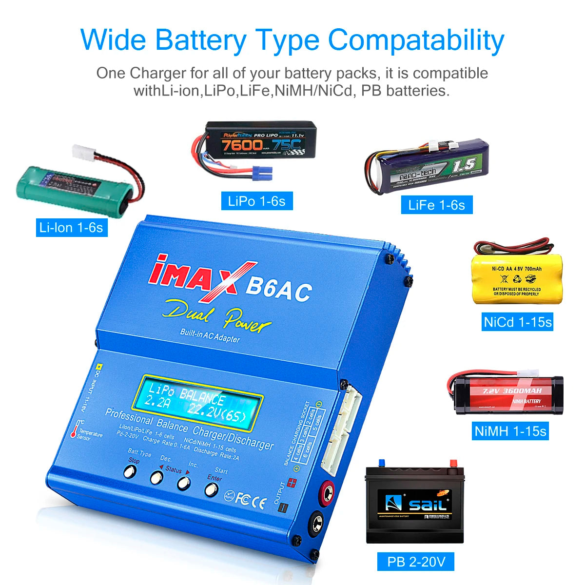 iMAX B6AC 80W 6A Lipo Charger Balancer For Nimh Nicd Lipo LiFe Li-ion Pb Battery LCD Screen Display RC Charger Discharger XT60