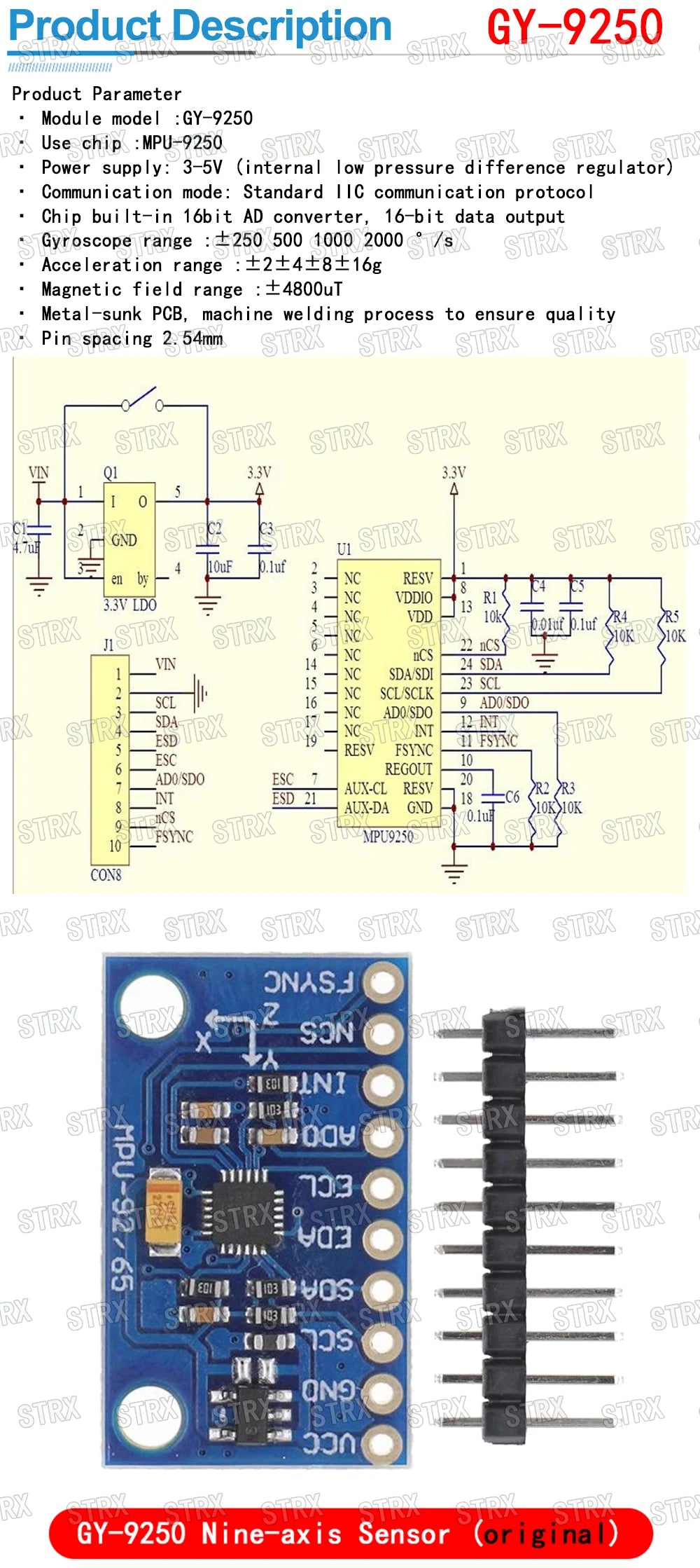 GY-9250 BMP280 GY-91 MPU-9250 9-Axis 10DOF Attitude Gyro+Accelerator+Magnetometer Sensor Module MPU9250 SPI/IIC